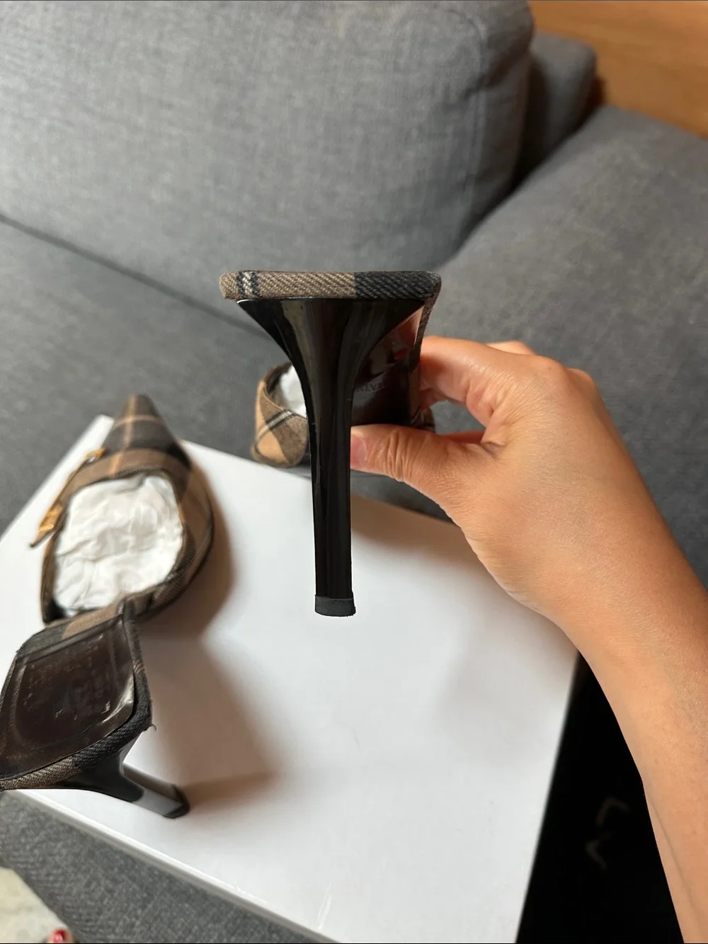 Rodolphe Menudier Plaid Pointed-Toe Mule with Gold Buckle - Brown/Black